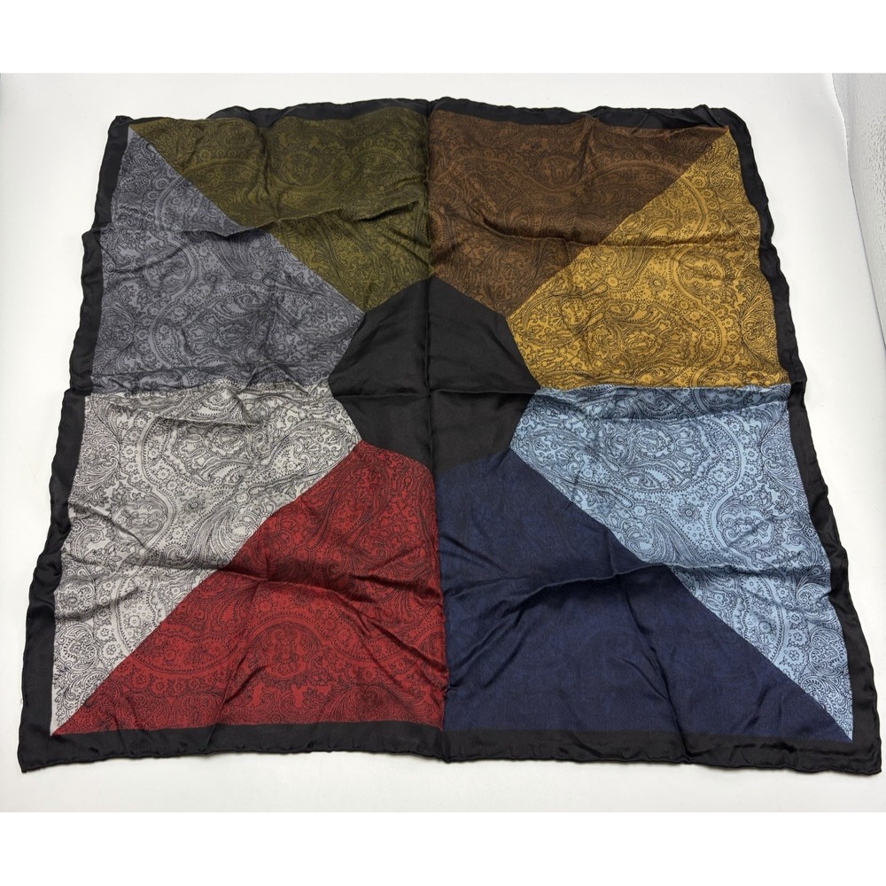 Vintage Silk Scarf Colorblock Paisley Print Square Hand Rolled Multicolor Unique